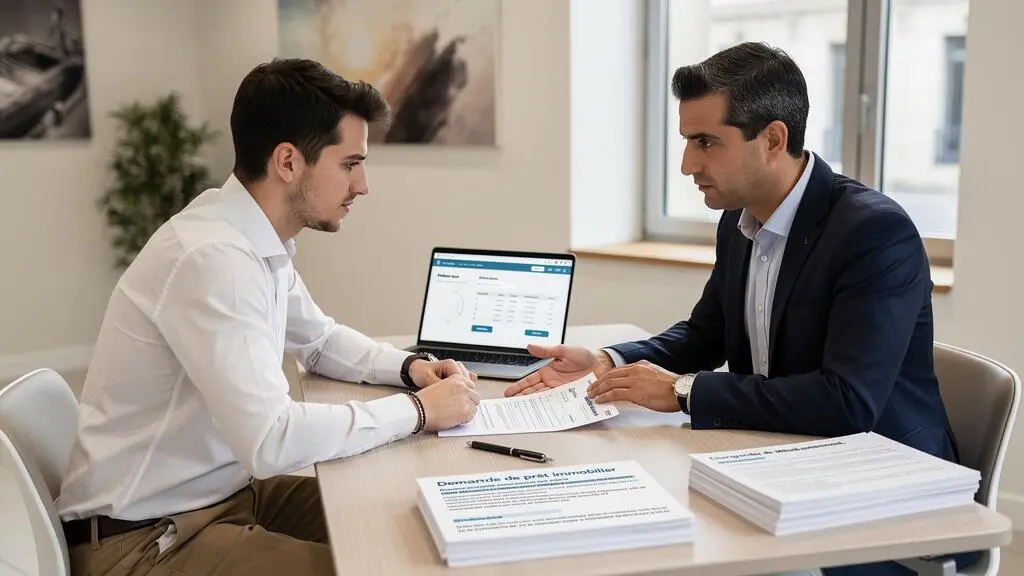 Entrepreneur en rendez-vous avec conseiller bancaire discutant d'une demande de prêt immobilier dans une agence bancaire française