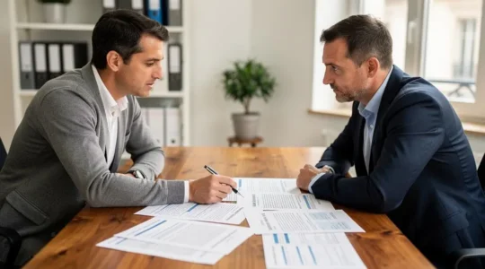 Entrepreneur français en consultation active avec expert-comptable discutant des documents de comparaison des statuts juridiques sur une table de réunion