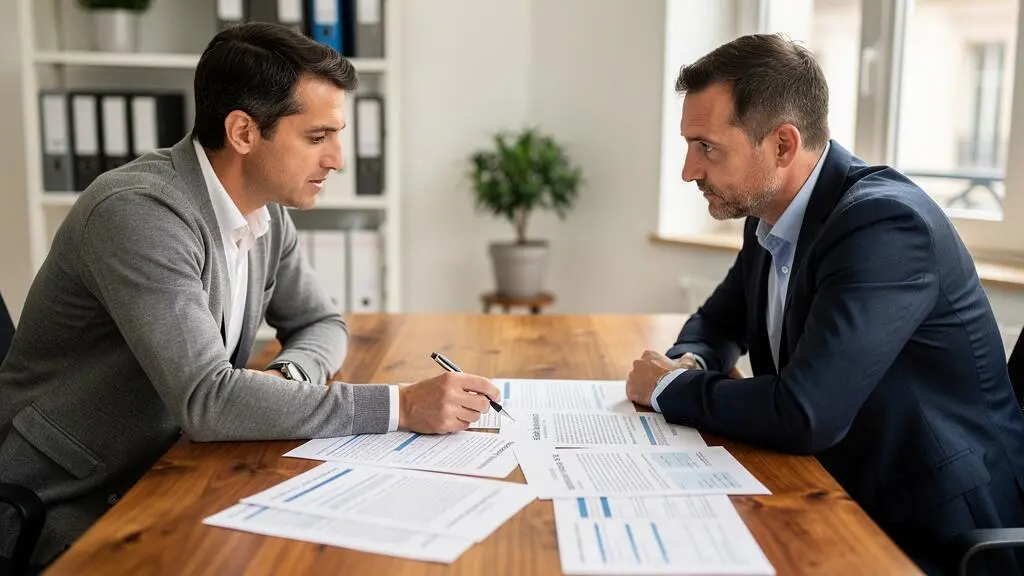 Entrepreneur français en consultation active avec expert-comptable discutant des documents de comparaison des statuts juridiques sur une table de réunion