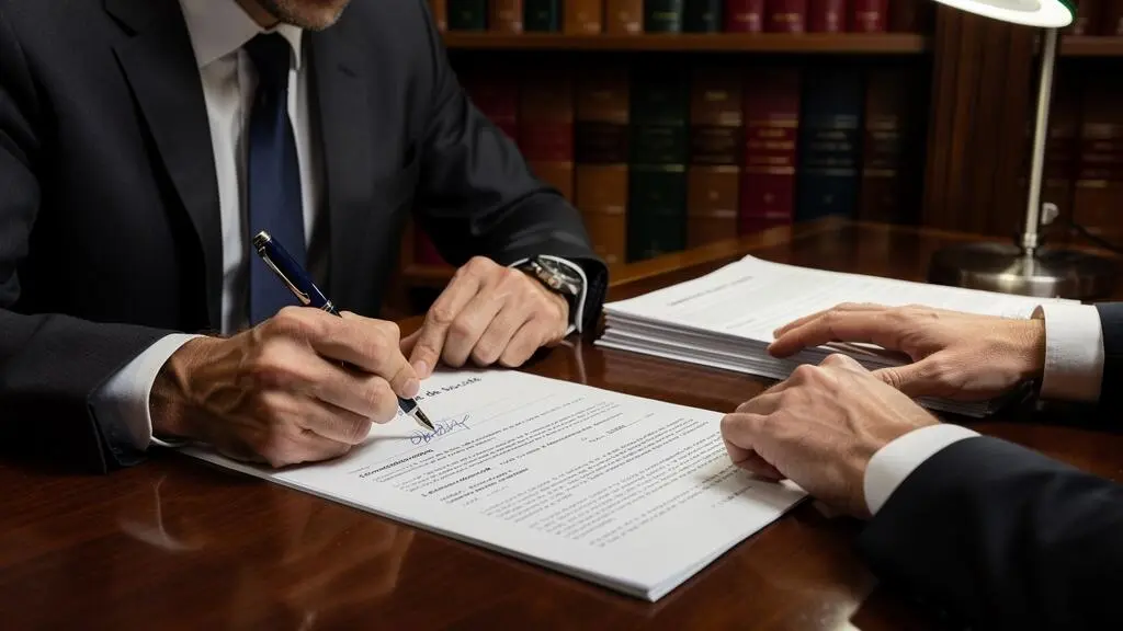 Entrepreneur signant les documents officiels de création de société lors d'un rendez-vous avec un conseiller juridique dans un cabinet professionnel